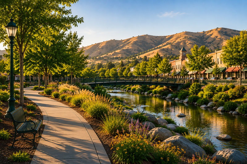 A paved park walkway with a bench following a river towards a small footbridge, lined with trees, historic shops, and golden hills.