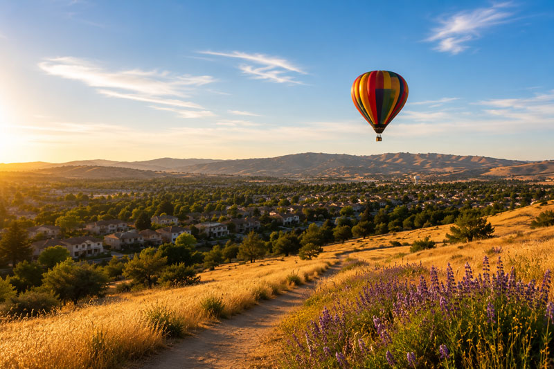 A colorful hot air balloon floating in the blue sky over golden hillside hiking trails and a suburban valley at sunset.