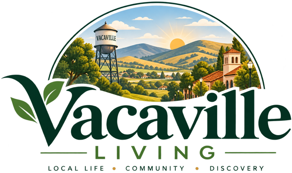 Vacaville Living logo featuring scenic hills, sunrise, water tower, Spanish architecture, and the tagline Local Life, Community, Discovery.