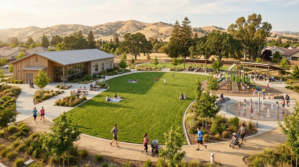 Conceptual De Colores Park Vacaville development with playgrounds, recreation center, and green spaces